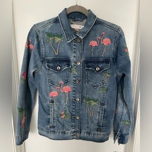 Billy T Embroidered Flamingo Jean Jacket, Size Small